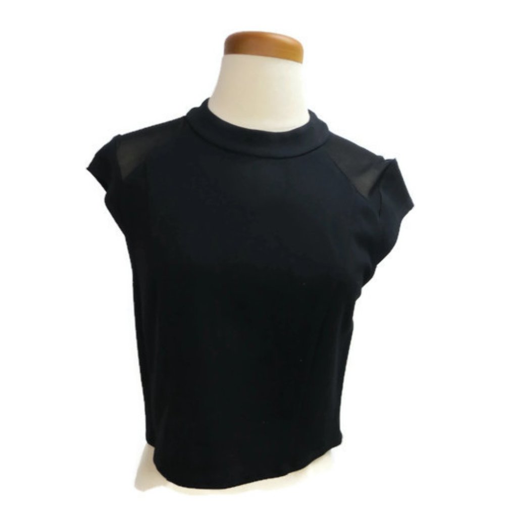 ABS Top Black Cropped Size Small Short Sleeves Back Zipper Mesh Round Neckline